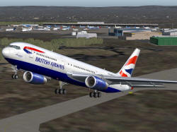 The entire BA 767 fleet is available on Avsim. This is LDSs version, climbing out of its home base at Manchester.
