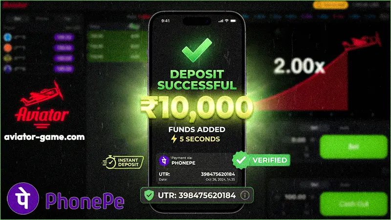 PhonePe Deposit Proof for Aviator Game: ₹10,000 INR Successful Payment via UPI. UTR 398475620184 Confirmation Screenshot.